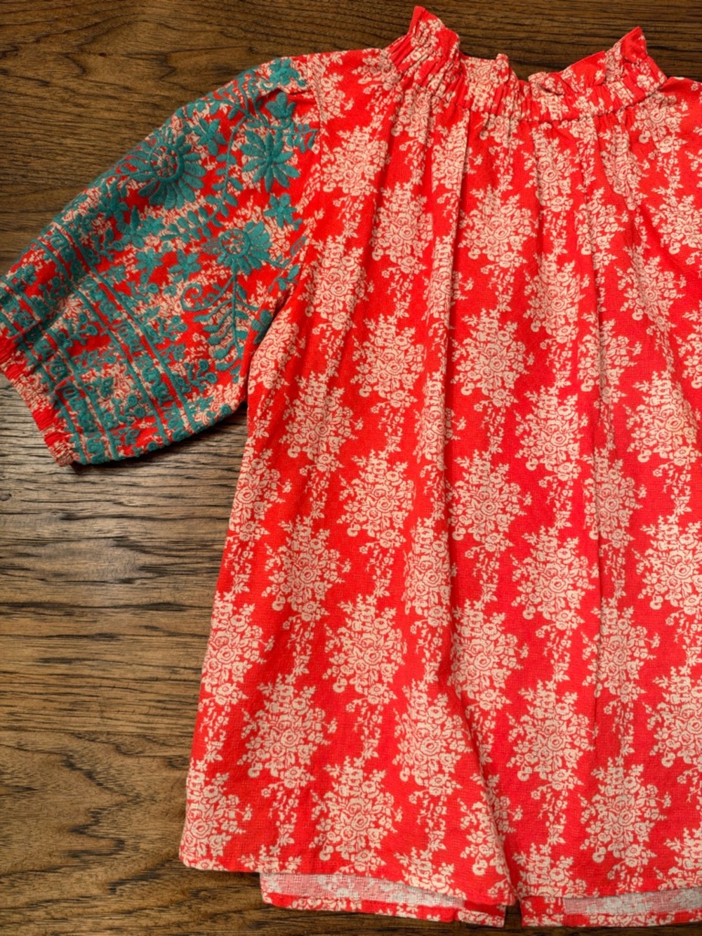 THML Embroidered Puff Sleeve Blouse Medium Coral Turquoise Boho Cotton - Picture 3 of 12